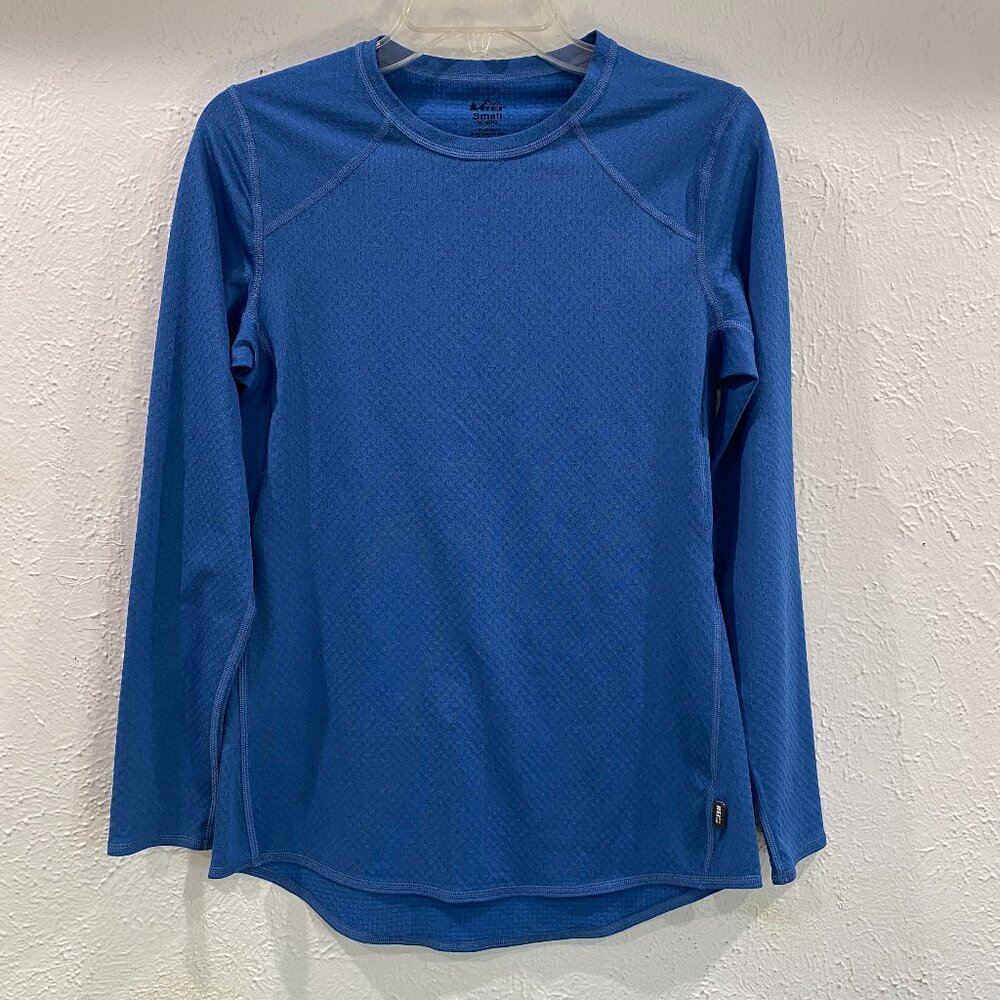REI Co-op women's small, blue, base layer, long sleeved, crew neck top.